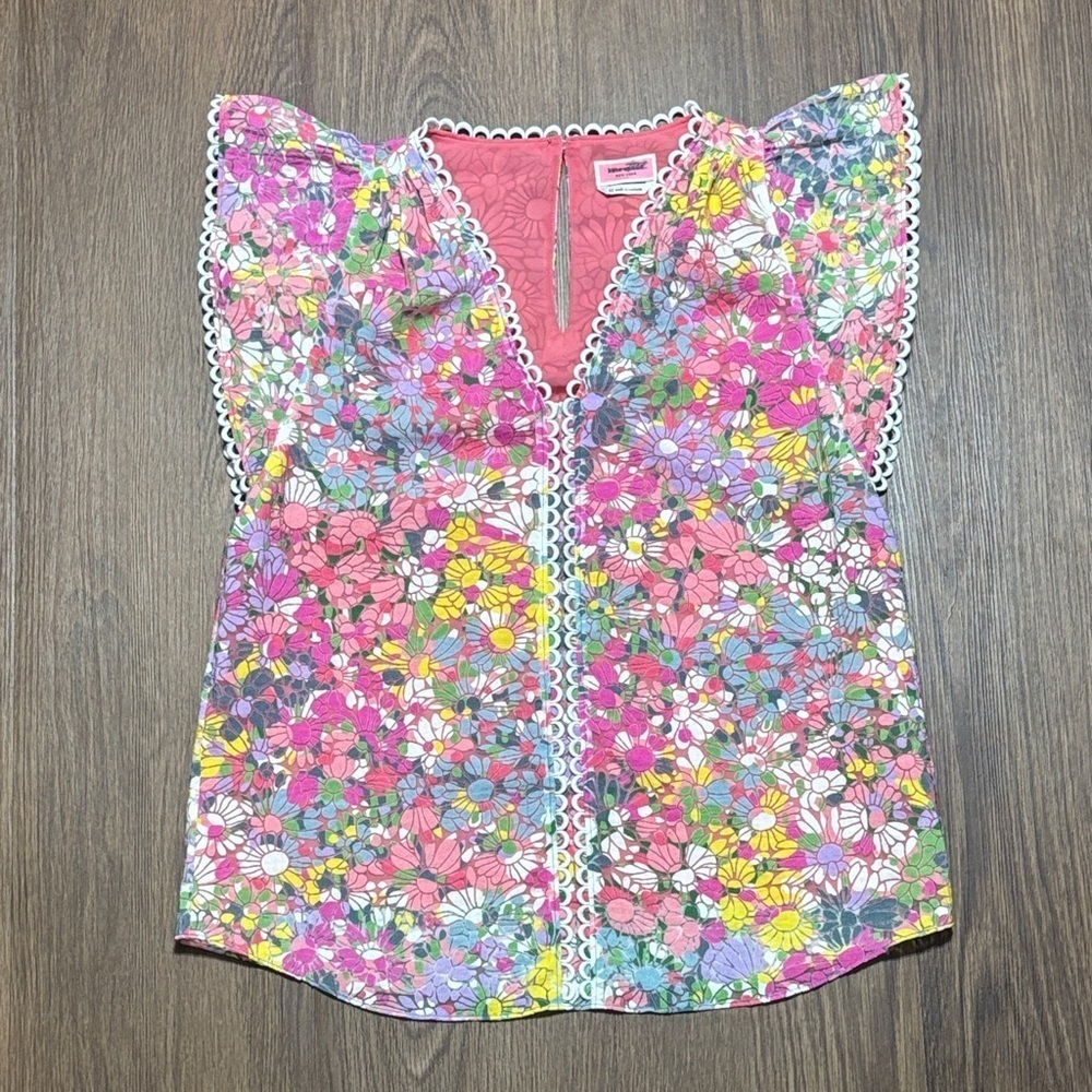 Kate Spade New York Floral Ruffle Sleeve Blouse XS Pink Multicolor Lace Trim